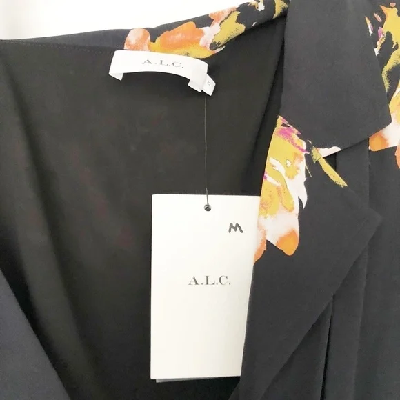 NEW ALC Lucia Silk Black Floral Asymmetrical Mini Dress Size 0 - Picture 4 of 7